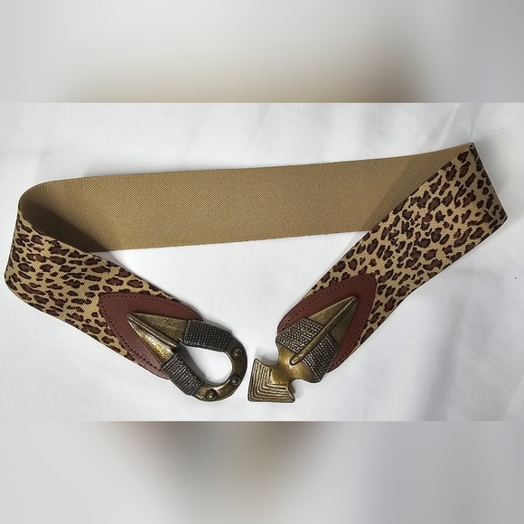 ​Vtg Omega Leopard Print Elastic Cinch Belt Made in USA Brass Buckle Med 29.5" - Picture 6 of 10